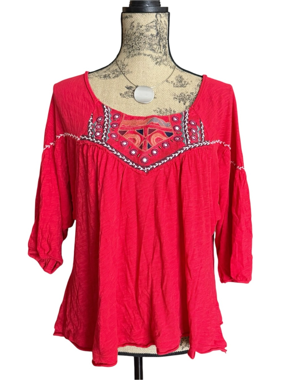 Free People Red Embroidered Peasant Top